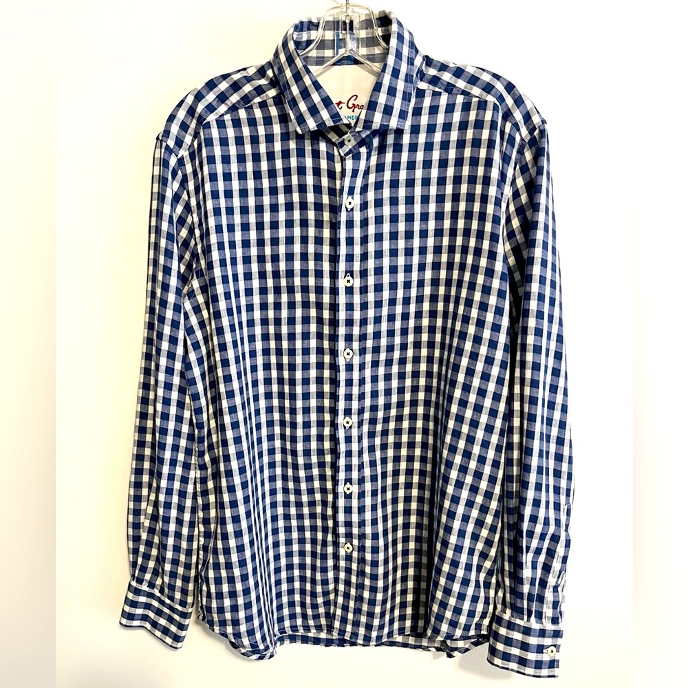 Robert Graham Gingham Linen Cotton Button Down Shirt. Navy/White. Size L…